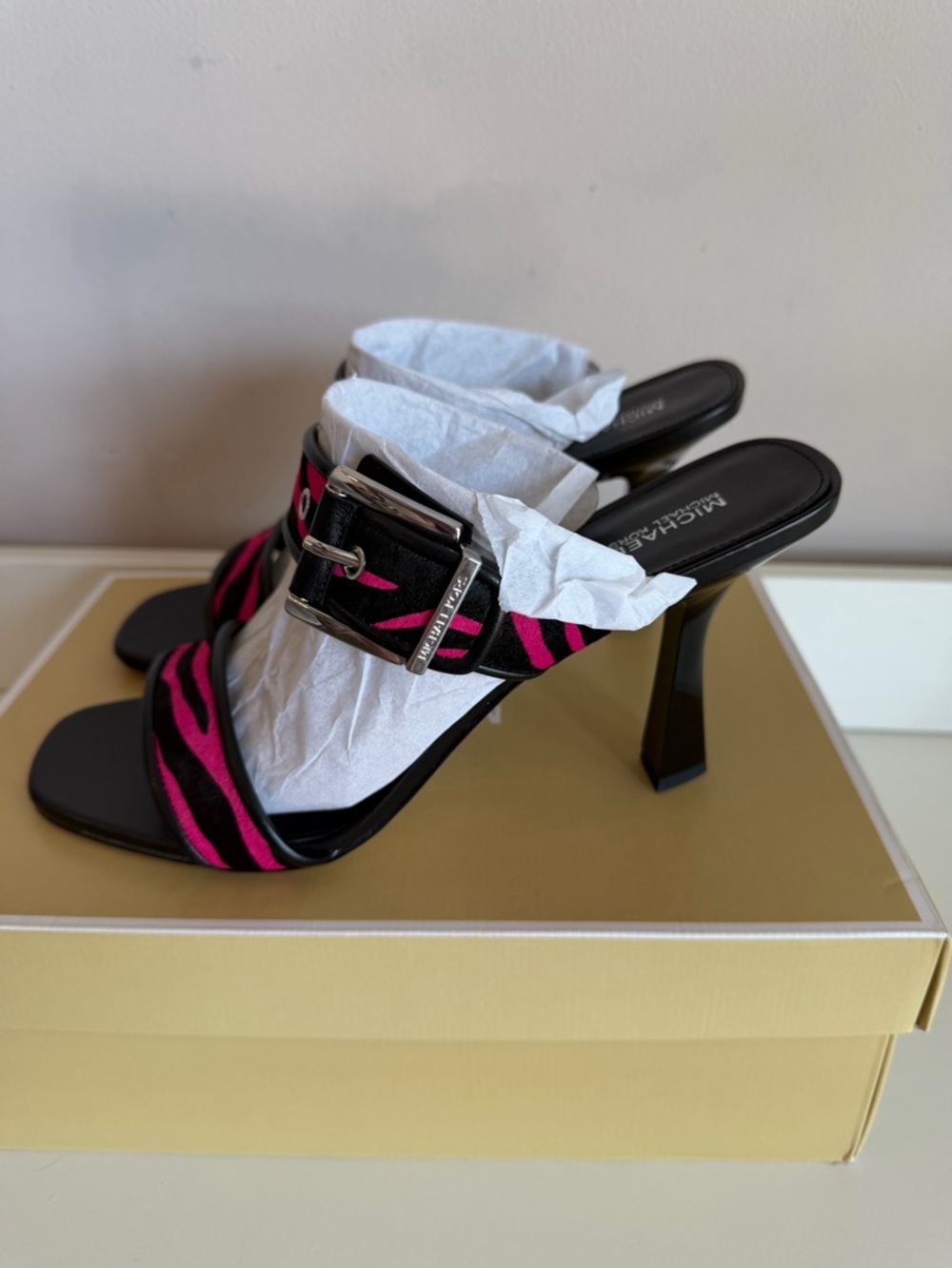 Michael Kors Colby Heeled Sandal Zebra Haircalf Pink‎ Black Mule 40S4COHS1H 11M